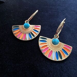 Gold-tone Fan Drop Earrings with Turquoise and Multi-Color Enamel